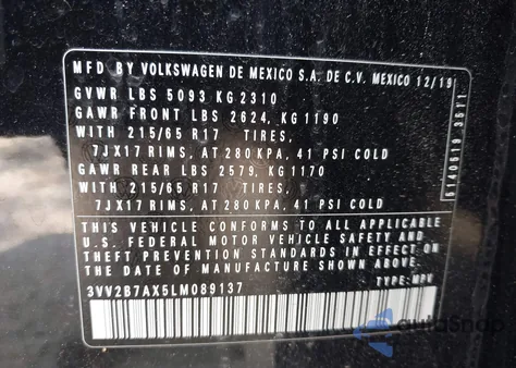 2020 Volkswagen Tiguan 2.0T Se/2.0T Se R-Line Black/2.0T Sel from USA, damaged, VIN 3VV2B7AX5LM089137